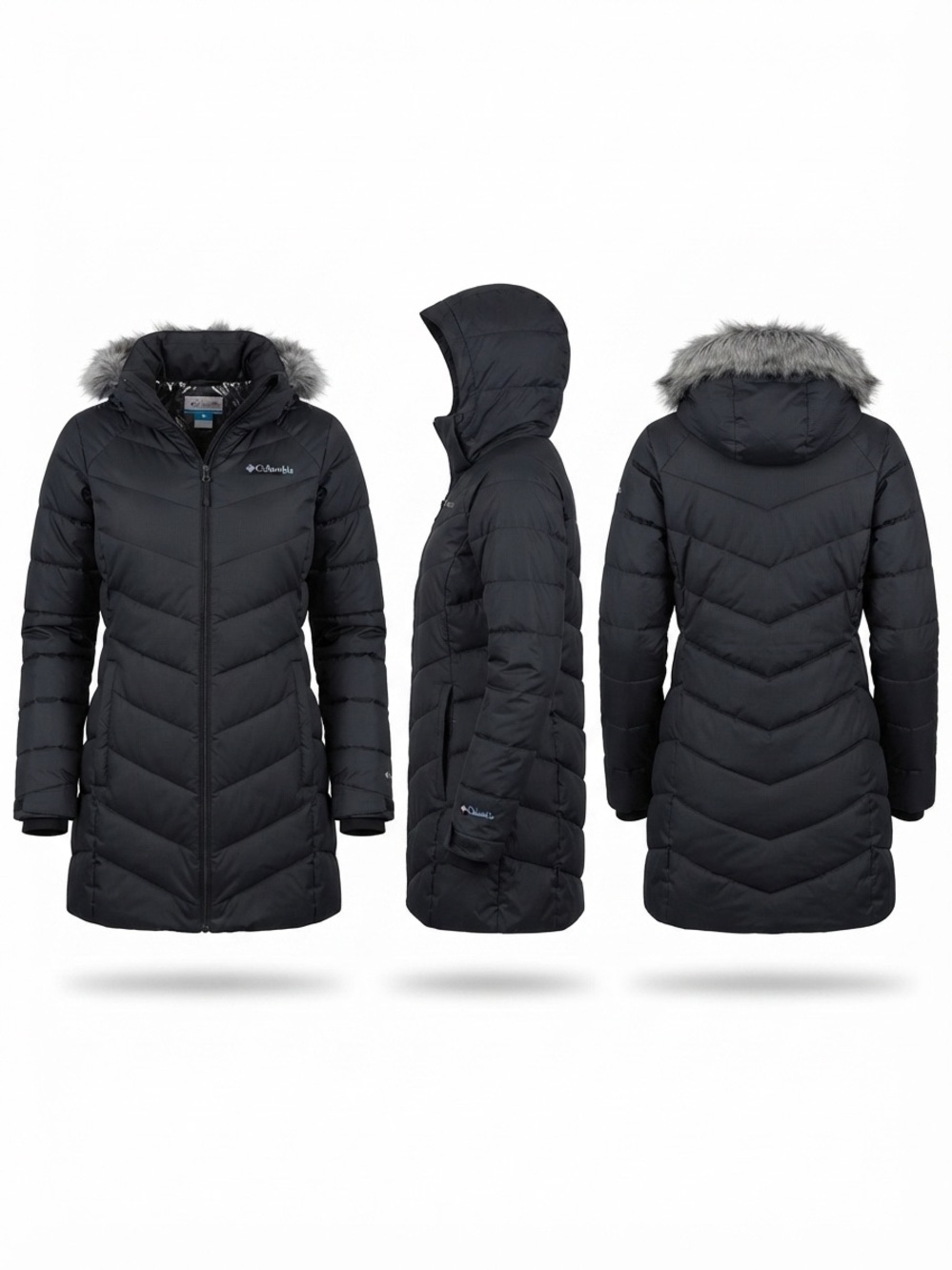 Columbia Women's Black Hooded midi length Puffer Coat with Faux Fur Trim
